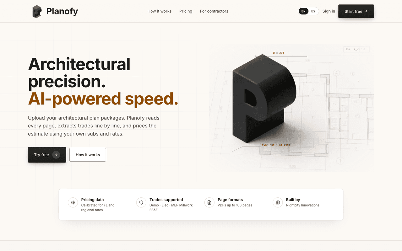 Planofy: AI estimating for residential contractors: reads plan packages and prices the bid. Built under Nightcity.